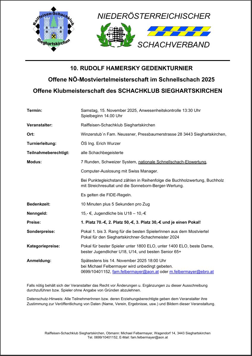 Ausschreibung RUDOLF HAMERSKY GEDENKTURNIER